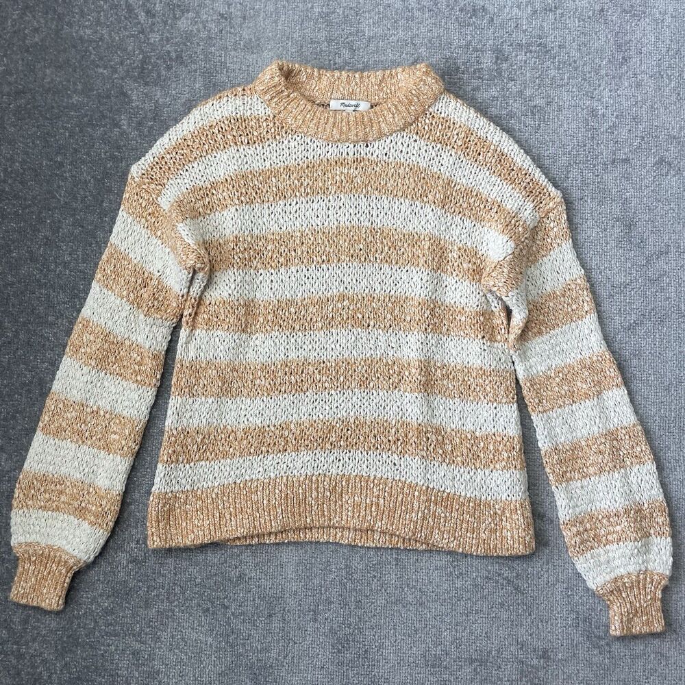 Madewell Sweater Womens Small Orange Cream Striped Casual Knit Cotton Wool Cozy